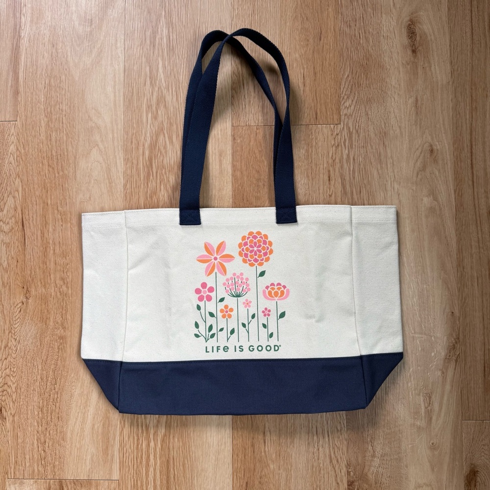 Life Is Good Canvas Tote Navy Blue & Off White Flowers Beach Bag Farmer's Market